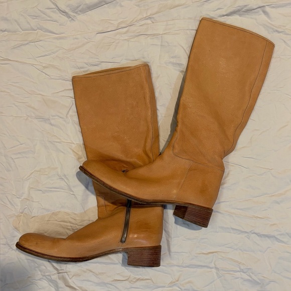 Prada Vintage Slouch Leather Mid-Calf Boots Camel Tan Made in Italy Size 41 / 10 - Picture 2 of 9